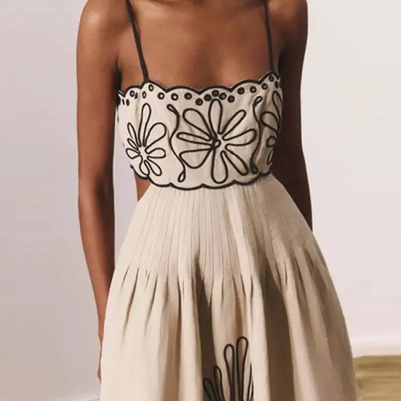 Women’s Vintage Embroidered Linen Sling Fashion Hollowed-out Sleeveless Pocket Dress