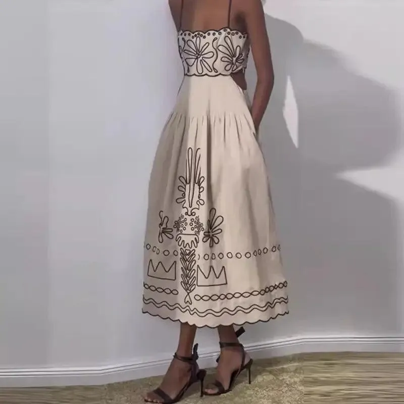 Women’s Vintage Embroidered Linen Sling Fashion Hollowed-out Sleeveless Pocket Dress