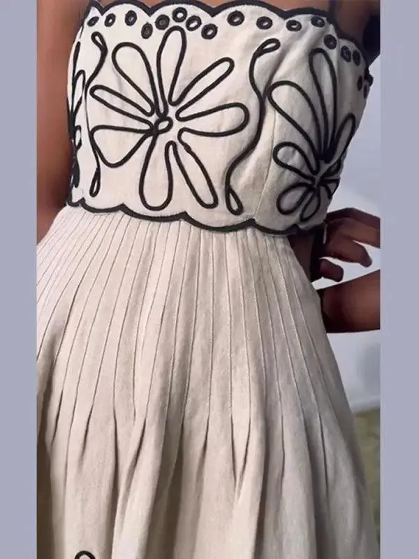 Women’s Vintage Embroidered Linen Sling Fashion Hollowed-out Sleeveless Pocket Dress