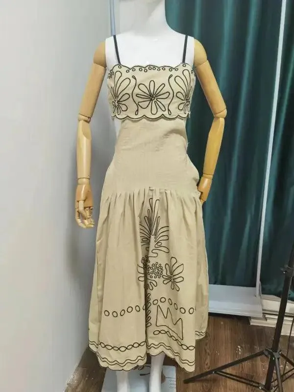 Women’s Vintage Embroidered Linen Sling Fashion Hollowed-out Sleeveless Pocket Dress