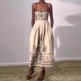 Women’s Vintage Embroidered Linen Sling Fashion Hollowed-out Sleeveless Pocket Dress