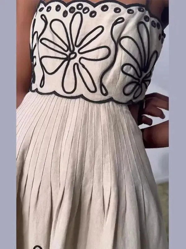 Women’s Vintage Embroidered Linen Sling Fashion Hollowed-out Sleeveless Pocket Dress