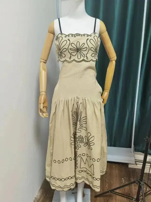 Women’s Vintage Embroidered Linen Sling Fashion Hollowed-out Sleeveless Pocket Dress