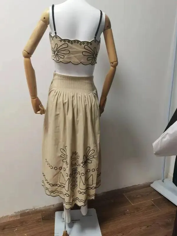 Women’s Vintage Embroidered Linen Sling Fashion Hollowed-out Sleeveless Pocket Dress