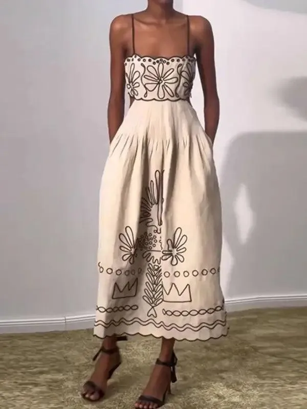 Women’s Vintage Embroidered Linen Sling Fashion Hollowed-out Sleeveless Pocket Dress